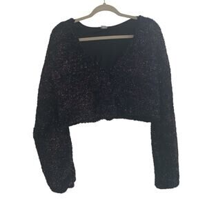 VENUS® Women’s Cropped Glitter Sweater – Black Multicolor – Size L –Fuzzy V-Neck